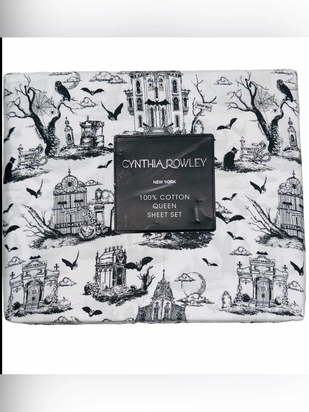 Cynthia Rowley QUEEN Size Halloween Haunted Toile Black Goth Sheet Set Cemetery